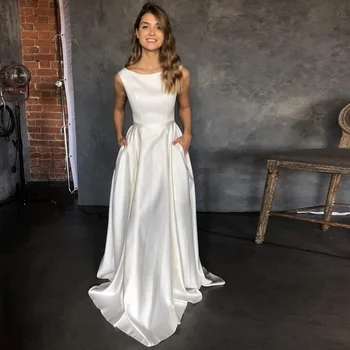  2021 Prispôsobiť Lopatka Jednoduché Svadobné Šaty Elegantné Riadok Dĺžka Podlahy Saténové Svadobné Šaty vestido de novia