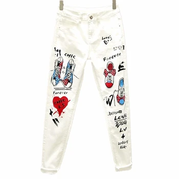  2021 Ženy Biele Džínsy Skinny Džínsové Nohavice Cartoon Graffiti Vytlačené Strečové Džínsy Jeseň Tenké Telo Ceruzky Dámy Plus Veľkosť Jeans
