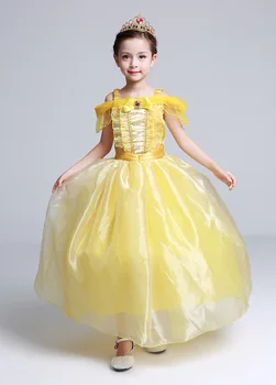  Dievčatá Šaty Princezná Belle Kostým Deti Mimo Ramenný Vrstvený Žltá Strana plesové Šaty, Halloween Deti Cosplay Šaty DS19