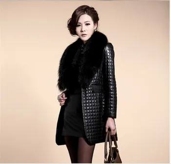  Móda vysokej imitácia black fox kožušinový kabát Ženy PU Kožené Patchwork rukávy teplý zimný kabát plus veľkosti 4XL