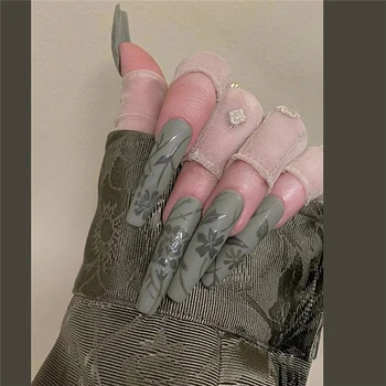  24Pcs Retro Zelená Stlačte na nechty Falošné Nechty Úplné Pokrytie Nail Art False Nechty, Lepidlo