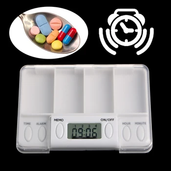  Prenosné Tabletky Pripomienka Medicíny Budík Časovač Elektronickej Box Prípade Organizátor 4 Mriežky Štiepačky 1Pc