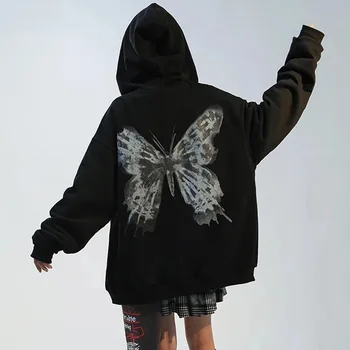  Nový Hip Hop Streetwear Hoodies Ženy Bunda motýľ Tlače Kabát Goth Harajuku Y2k estetické Oblečenie grunge, Punk mikina s kapucňou na Zips-up
