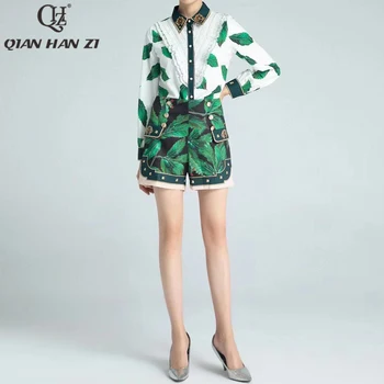  Qian Han Zi módne office Ženy v lete 2-dielna sada skladaný rozstrapatené tričko s dlhým rukávom+retro Tlačidla Zelenej Listovej Tlač Šortky Oblek