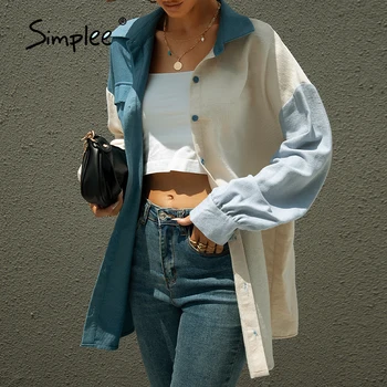  Simplee Za nadrozmerné farebný blok ženy tričko klope Príčinné dlhý rukáv dámske blúzky, košele jeseň Modrá vrecku top módne coats