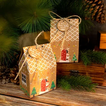  24 Sady Vianočný Dom Candy Darčekové Balenie Vrecia Kraft Papier Box Narodeninovej Oslavy Nového Roka Láskavosti Dodávky Dar Liečiť Tašky