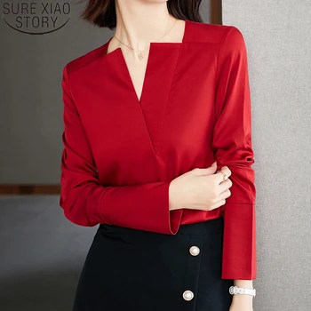  Elegantné Ženy Blúzky Jednoduché Tuhé Šifón Tričko Červené Tričko Office Lady Jeseň Dlhý Rukáv V krku Oblečenie Blusa Mujer Topy 16375