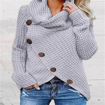  Dlhé rukávy pletený sveter Európe a Spojených Štátoch Nové päť-tlačidlo turtleneck pulóver jednofarebné dámske svetre
