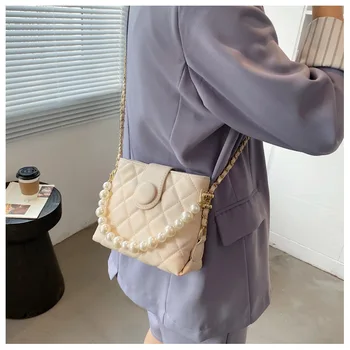  Diamond vzor ženy tašky cez Rameno malá Perla reťazca Dizajnér Vedro Crossbody Tašky, Luxusné Značky Módne dámske kabelky biela