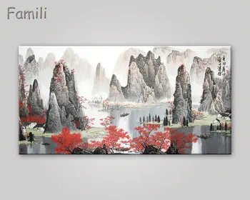  Čínsky Krajiny plátne obrazy Červený javor a loď plátno obrázky historických domov dekoratívne na stenu umenia pre obývacia izba