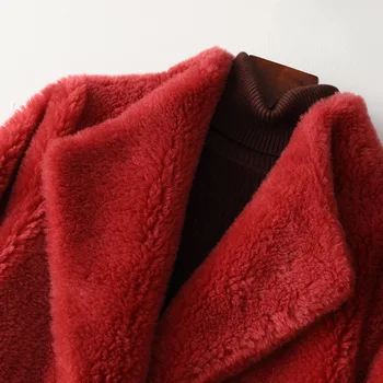  Luxusné Streetwear Prírodné Reálne Ovčej Teplé Ženské Vlnené Kabát Kvalitné Hrubé Bundy Hot Predaj Červená vrchné oblečenie s Vreckami