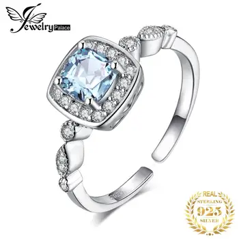 JewelryPalace Skutočné Blue Topaz 925 Sterling Silver Ring Otvorte Nastaviteľné Sľub Halo Zásnubný Prsteň pre Ženy Šperky