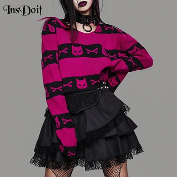  InsDoit Gotické Oblečenie Harajuku Tlač Sveter Ženy Streetwear Punk Y2K Dlhý Rukáv Jeseň Plodín Sveter E Dievča Módy Sexy Top