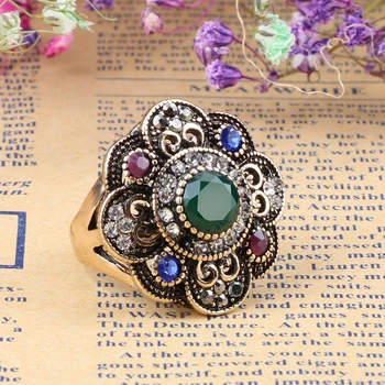  Kinel Vintage Green Crystal Kvet Krúžok Starožitné Zlata Farba Turecký Kovové Živice Prstene Pre Ženy Strany Šperky Anel Anillo