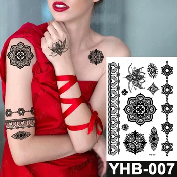  Black White Indickej Tribal Nevesta Henna Mandala Dočasné nepremokavé Tetovanie Nálepky Lotus Mehndi Čipky Falošné Body Art Pre Ženy