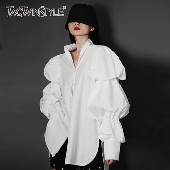  TWOTWINSTYLE kórejský Crinkle Pevné dámske Blúzky, Klope Lístkového Dlhý Rukáv Biele Rovné Módne Žena Blúzky 2021 Oblečenie v Štýle