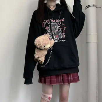  HOUZHOU Harajuku Black Hoodies Ženy Gotický Anime Medveď Tlač Jeseň Zima Voľné Kawaii Hoodie Mäkké Dievča, Japonská Streetwear