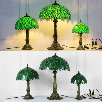 Zelenej Listovej 16-Palcové Stolná Lampa Garden Štúdia Posteli Ochrana Očí Tabuľka Tiffany Lampa Obývacia Miestnosť, Stolná Lampa, Nočné Lampy