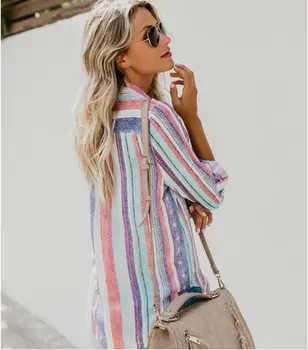  2021 Jeseň Nové Módne Oblečenie pre Ženy Hot Predaj Jednoduché Ležérne Pohodlné Klope Singel svojim Farebné Pruhované Plus Veľkosť Tričko