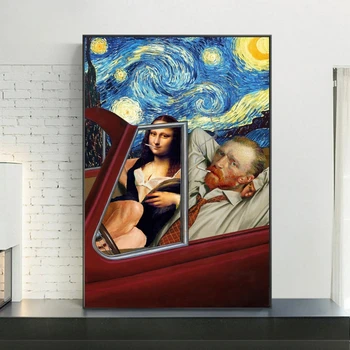  Zábavné Umenie Van Gogh a Mona Lisa Jazdy Plátno Plagáty Abstraktné Fajčenie olejomaľby na Plátne, obrazov na Stenu Domov Stenu Decor