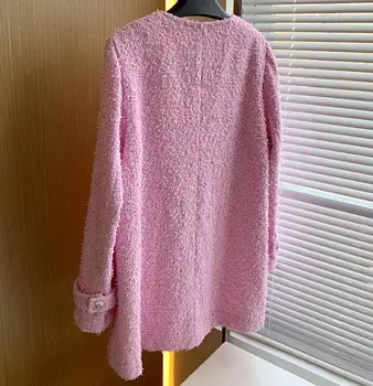  Francúzsky štýl svetlo luxusné elegantné malé vôňa tweed ružová bunda ženy tvaru strednej dĺžky voľné outwear