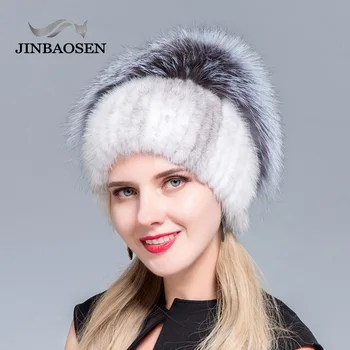  JINBAOSEN žena na srsť ski hat hot predaj ruskej kožušiny klobúk vydra s fox v kombinácii s kožušinou módny klobúk pletené vlnené vložky zime