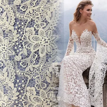  2019 Najnovšie Off white Guipure čipky textílie Svadobné šaty Výšivky francúzsky Handričkou Ihlu práce DIY Ihlu na šitie pracovného materiálu, čipky