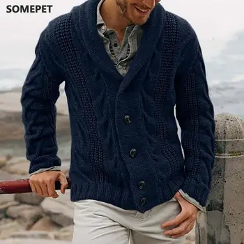  Jesenné a zimné pánske jednofarebné pletený sveter tlačidlo cardigan teplá bunda, sveter bežné ulici pánske dlhé rukávy svetra