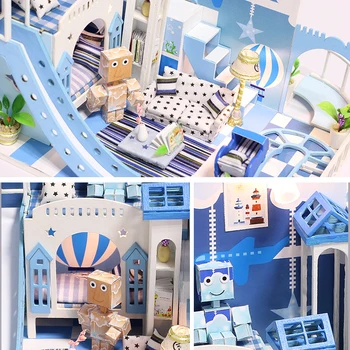  Romantický Modrá Doll House DIY 3D Miniatúry domček pre bábiky s Nábytkom Súpravy, Hračky pre Deti, Mini Princ Drevený Dom Zostaviť Hračky Pre Deti