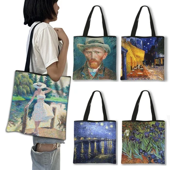  Van Gogh Kaviareň V Arles / Hviezdna Noc / Slnečnicový Olej Maľovanie Ženy Kabelka Dámy Prenosné Tote Tašky Fashion Shopping Bag Darček