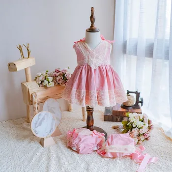 Nové 2ks Malé Dievčatá Ružovej Čipky Šaty španielskej Detí Boutique Oblečenie Baby SY036