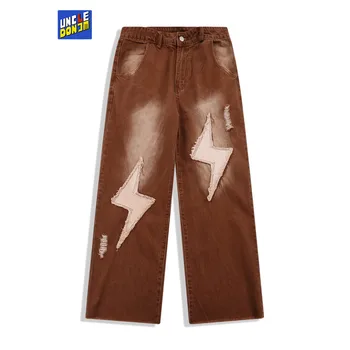  UNCLEDONJM Lightning výšivky núdzi denim džínsy mužov vintage street nosiť voľné rovné nohavice, džínsy neforemné