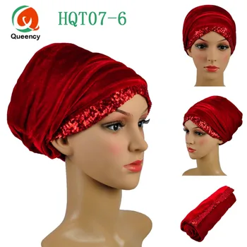  HQT07 Módny Dizajn Afriky Flitrami Turban headwrap hladké, mäkké Zamatový materiál S hot predaj moslimských arabčina kapoty klobúk