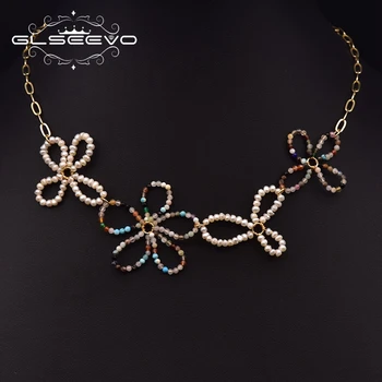  GLSEEVO Prírodné Sladkovodné Perly Veľký Kvet Clavicle Reťazca Farebný Drahokam Náhrdelník dámske Luxusné Šperky Šperky GN0297