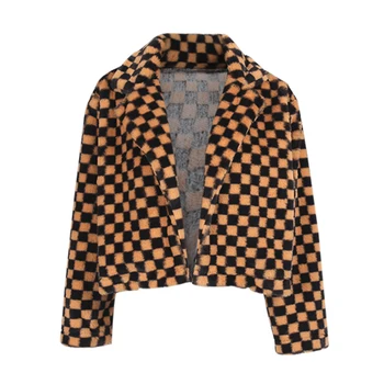  Nové dámske zosilnené kabát na jeseň a v zime, módne šachovnica, hnedá, oranžová tlač vzor Klope cardigan
