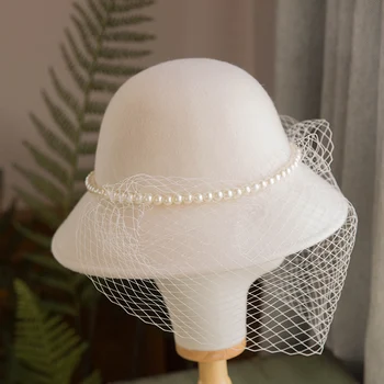  Paríž Elegantné Dámy Biela Vlna Vedierko Hat Pearl Závoj Fedora Spp Víla Zimné Jeseň Čistá Vlna Cítil Pillbox Žena Sombrero 2020