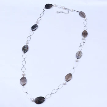 Nové módne oválne kameň s reálnymi zemiakov pearl metal reťazca náhrdelník sivá prírodného kameňa korálky maxi vintage doplnky