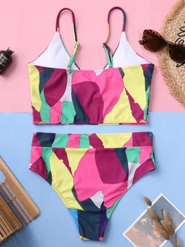  Multicolor Sexy Bikiny Nastaviť Bandeau Vysoký Pás Push Up Plavky Nové 2021 dámske Plavky Vytlačené plavky Brazílsky Biquini