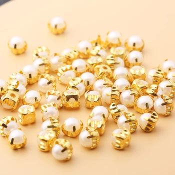  RESEN 100ks 6 mm Gold Šitie Pearl Korálky Šiť Na Kamienkami Plastové Kameňa s Zlata Pazúr Flatback Perla na Odev, Dekorácie