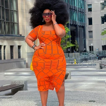  Veľké Ženy Veľkosti Oblečenie Letné 2021 Veľkoobchod Orange Midi Šaty Kockovaný Vzor, Krátky Rukáv Bežné Plus Veľkosť Šaty Dropshipping