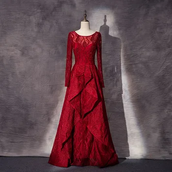  2021 Dubaj Červený Dlhý Rukáv Večerné Šaty Elegantná Loď Krku Čipky, Výšivky Crystal Korálkové Formálne Ženy Party Šaty Pre Moslimských