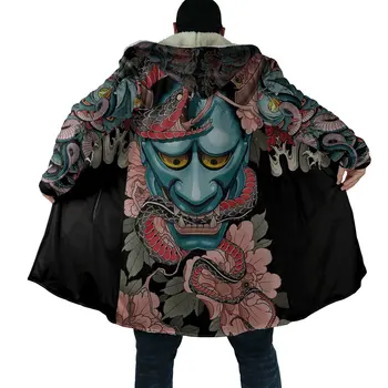  2021 Zimné Módne Pánske plášť Samuraj Oni Maska Tetovanie 3D Tlač Hrubé Fleece Kapucňou plášť Unisex Bežné Teplé Cape kabát DP08