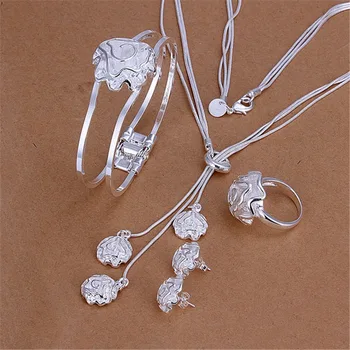  Luxusné 925 sterling Silver ruže kvet náramok prstene, Náramky, náhrdelníky náušnice stud Šperky sada pre ženy-Móda Vianočný darček