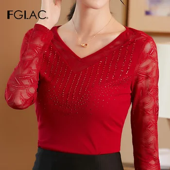  FGLAC Ženy t-shirt Módne Bežné tvaru dlhý rukáv oka topy Nové 2019 Jeseň Diamanty plus veľkosť ženy, topy a tričko