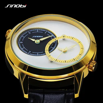  Muž Zlaté Hodinky Značky SINOBI Luxury Čierne Kožené Quartz Hodinky Pánske Viaceré Časové Pásmo Zobrazenie náramkové hodinky relogio masculino