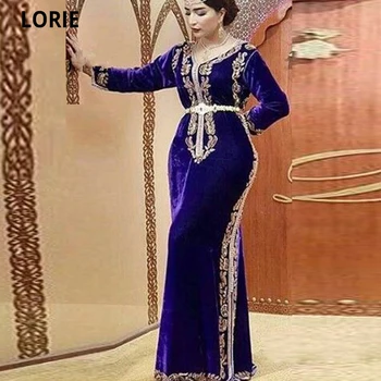  LORIE Kráľovská Modrá Marocký Kaftan Moslimských Večerné Šaty Formálne Velvet Zlato Čipky Morská víla Dlhé Rukávy Formálne Dubaj Party Šaty