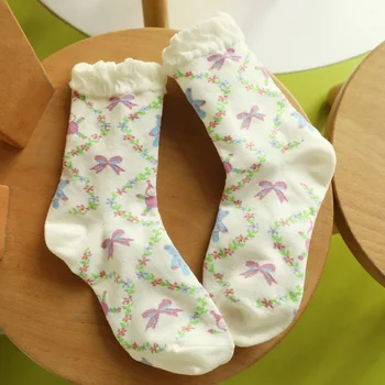  Garland yokoneko2021 jeseň nový biely veniec žena čipky skrutku-typ samica bavlnené ponožky
