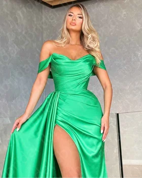  Očarujúce 2021 Nové Zelené Večerné Šaty Off Ramenný Rukávy Svadobný Hosť Šaty Bez Ramienok Strane Split Prom Party Šaty Na Predaj