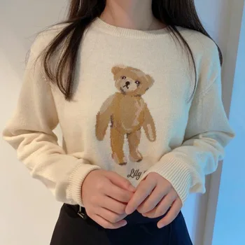  2021 jesenné a zimné nové produkty voľné kolo krku pulóver roztomilý kreslený medveď sveter ženy