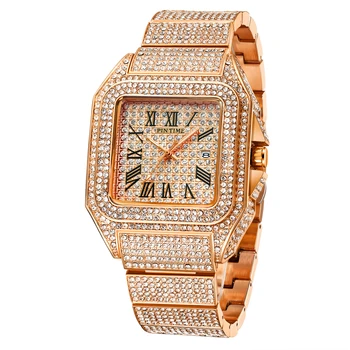  18K Zlata Mužov Veľké Dial Bling Diamond Sledovať celú Ľadovú Z Námestia Quartz Hodinky Hip Hop Shinning Darček Náramkové hodinky